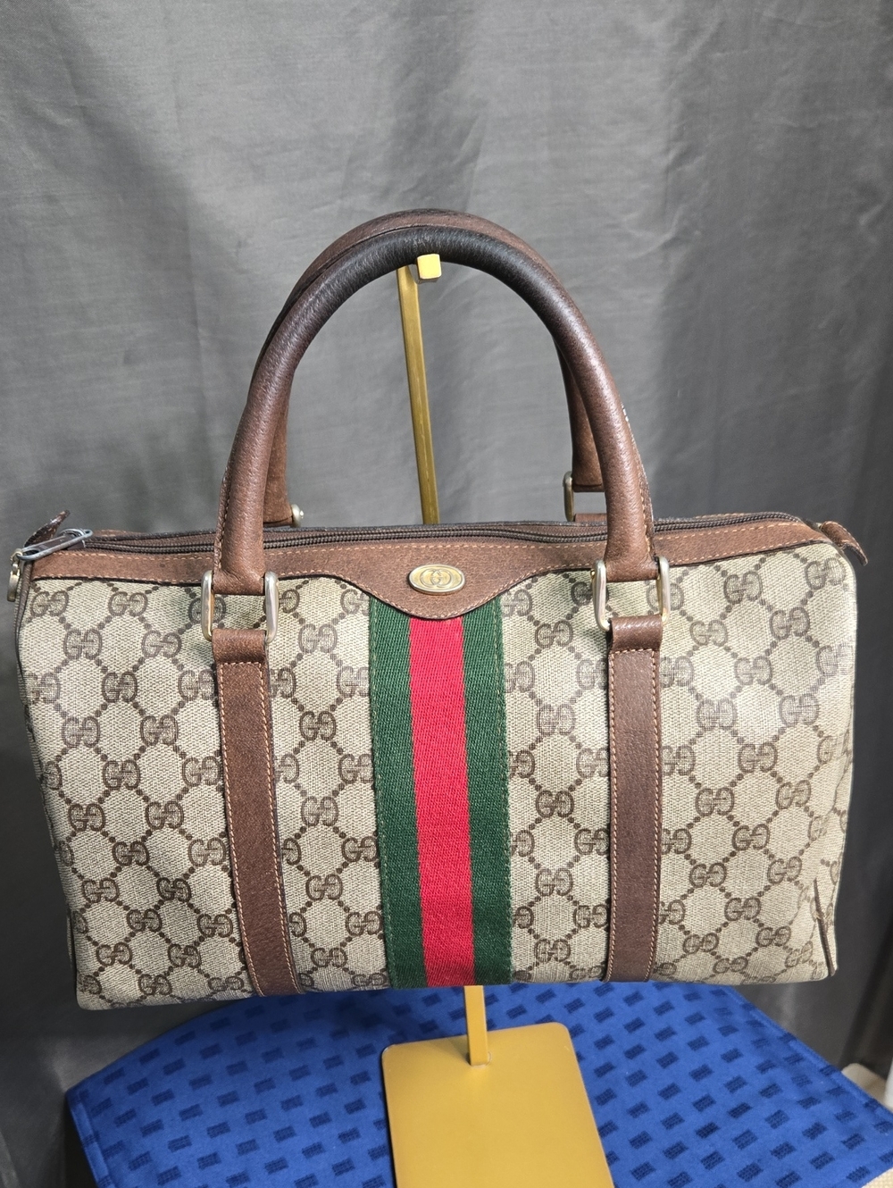 Gucci Beige GG Supreme Satchel with Red & Green Web and Brown Trim